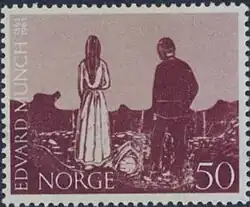 Das bekannte Motiv des Holzschnittes in lila Farben. Links steht in hochkanten Großbuchstaben „Edvard Munch“ und die Zahlen „1863“ und „1963“, am unteren Bildrand „Norge“ und die Zahl „50“.