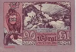 90-Heller-Schein mit einem Adler, der das Wörgler Wappen trägt und auf das Gemälde „Das Treffen bei Wörgl“ blickt