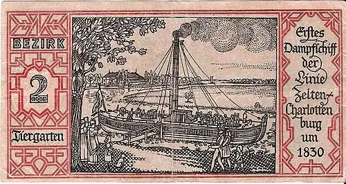 Berliner Stadtkassenschein mit dem Bezirk 2 Tiergarten – Erstes Dampfschiff der Linie Zelten–Charlottenburg um 1830