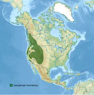Reliefkarte Nordamerikas mit grün eingezeichneter Verbreitung