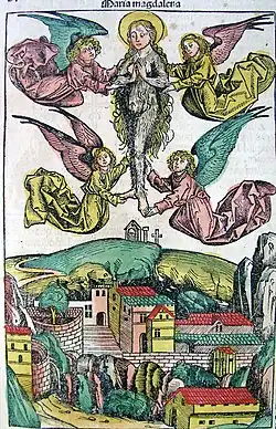 Levitation Maria Magdalenas, aus der Schedelschen Weltchronik, vor 1493, Stich