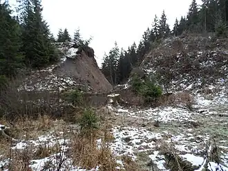 Damm des Oberen Schalker Teiches nach dem Dammbruch von 2017. Ansicht vom ehemaligen Stauraum aus. (2018)