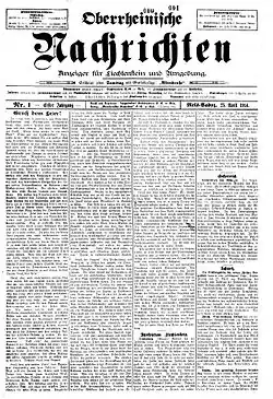Titelseite der Erstausgabe der Oberrheinischen Nachrichten vom 25. April 1914.