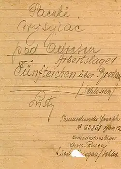 Auszug aus einem Häftlingsbrief Ende 1944 mit der Adresse des Lagers in Fünfteichen; Absender: Józef Tomaszewski, geb. 1923, aus Łódź, im KZ Groß-Rosen Nr. 63851, Block 12.