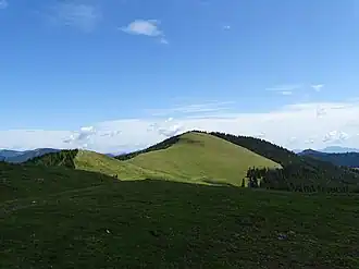 Von Südwesten betrachtet erscheint der Ochsenkogel nur als eine kleine Erhöhung auf der Brendlalm …
