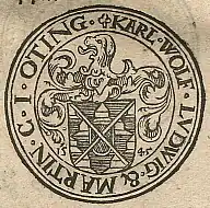 Münzrückseite aus dem 16.&nbsp;Jahr­hundert aus der Re­gier­ungs­zeit der Grafen Karl Wolfgang und Ludwig XV. zu Oettingen und Martin zu Oettingen-Flochberg
