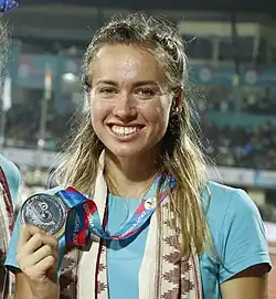 Olga Safronowa (hier als Medaillengewinnerin bei den Asienmeisterschaften 2017) – ausgeschieden als Fünfte in 11,49&nbsp;s