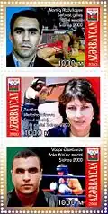 Drei Medaillengewinner von 2000 auf aserbaidschanischen Briefmarken: Namiq Abdullayev (o.) Silber 1996 und Gold 2000, Zemfira Meftahatdinowa (M.), Gold 2000 und Vüqar Ələkbərov (u.), Bronze 2000