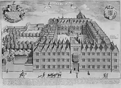 Kupferstich des Colleges aus dem Jahre 1675; Blick von Osten auf den Haupteingang