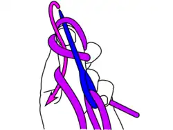 Die Nadel wird von vorn durch die alte Schlinge (die an­schließend nach hinten fallen­gelassen wird) gestochen, dann gedreht…