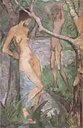 Mädchen und Knabe am Waldteich - ca. 1922