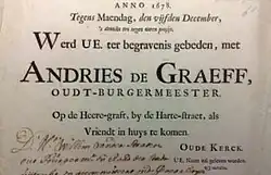 Sterbenachricht von Andries de Graeff (1678)