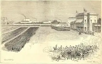 Der Parco Sempione als Militärplatz (1875). Links im Hintergrund ist der Arco della Pace, rechts der Eingang zur Arena Civica.