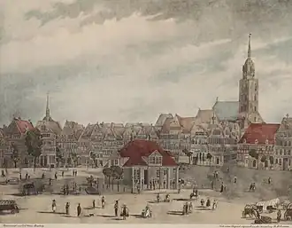 Pferdemarkt um 1800 mit Hauptwache und Jacobikirche im Hintergrund