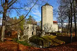 Ruine der Ordensburg mit achteckigem Bergfried
