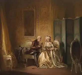 Pancraz Körle: Ein junger Mann schneidet die Silhouette einer Dame (neobarockes Gemälde von 1857)