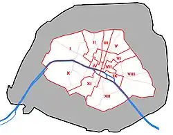 1860: Alte Arrondissements vor der Gemeindereform innerhalb der Befestigungen von 1840 bis 1845 (grau die heutigen Grenzen), die Bezirke sind entlang der Straßenzüge der Stadttore, den Faubourg, gegliedert