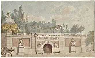 Eingang zum Jardin Beaumarchais am Blvd. Saint-Antoine, Gemälde von Francois-Josef Bélanger, 1790