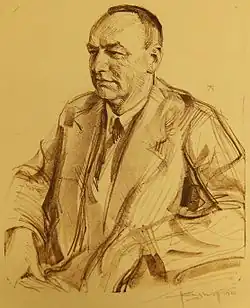 Das Bild zeigt ein auf gelbes Papier gemaltes Porträt eines etwa 50-jährigen sitzenden Mannes.