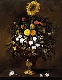 Pedro de Camprobín: Blumenvase mit Sonnenblume und Tagetes, um 1665, Privatsammlung