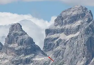 Der Sattel Sella di Rifugio mit dem Croz del Rifugio links und der Cima Brenta Bassa rechts