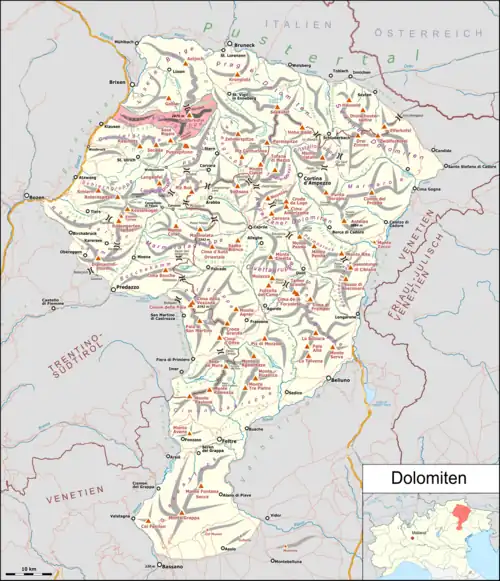 Peitlerkofelgruppe in Rot dargestellt auf der Karte der Dolomiten