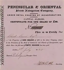Aktie der Peninsular & Oriental Steam Navigation Company über 50 £, ausgestellt in London am 1. Juli 1845