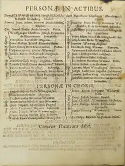 Besetzungsliste mit den Schülern des Jesuitengymnasiums in Worms von der gleichen Aufführung