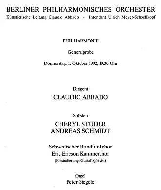 Handzettel zu einer Generalprobe mit dem Berliner Philharmonischen Orchester, 1. Oktober 1992