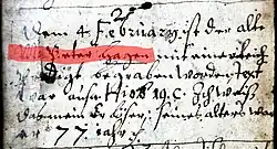 Todeseintrag im Kirchenbuch von Görzke vom 4.&nbsp;Februarjul. / 14.&nbsp;Februar&nbsp;1679greg.