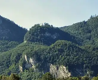 Rachelwand und Burgstall der Rachelburg am Petersberg bei Flintsbach.
