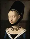 Petrus Christus' Bildnis einer jungen Dame, nach 1460, Staatliche Museen zu Berlin. Es finden sich Ähnlichkeiten in den modellierten Zügen und dem Gesichtsausdruck des Modells.[35]