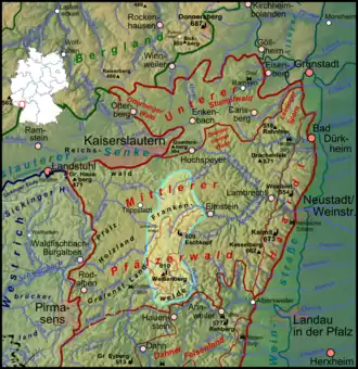 Lage der Frankenweide (neongrün) im Pfälzerwald