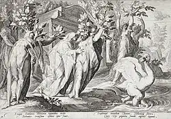 Links winden sich einige Gestalten in flatternden Gewändern, aus deren Händen und Köpfen Zweige und aus deren Füßen Wurzeln wachsen; rechts ist ein Schwan mit menschlichen Beinen zu sehen, der ins Wasser eilt.