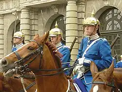 Die schwedische Svea Livgarde trägt einen Kürassierhelm in der klassisch-preußischen Form.