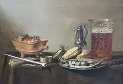 Pieter Claesz Raucherstillleben mit Fischmahlzeit und Bier, 1647, Öl auf Holz, 39,7 × 55,9&nbsp;cm, Fine Arts Museums of San Francisco