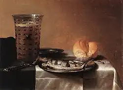 Pieter Claesz. Stillleben mit Hering, Bierglas und Brötchen, 1636, Öl auf Holz, 36 × 49&nbsp;cm, Museum Boijmans Van Beuningen, Rotterdam