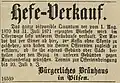 Anzeige für „Hefe-Verkauf“ des Bürgerlichen Brauhauses Pilsen