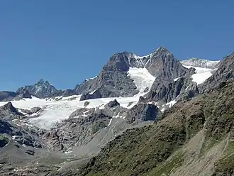 Piz Zupò (Mitte rechts) mit Piz Argient (links) von Süden