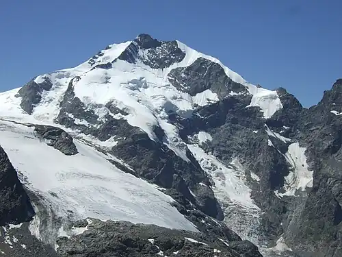 Piz Bernina aus Nordosten von der Diavolezza aus, rechts der Biancograt