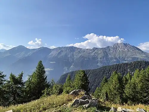Von Südosten aus betrachtet (v.l.): Pizz Gallagiun, Pizzun, Piz dal Märc und Piz Duan, von der Sasc-Furä-Hütte aus fotografiert. (für Annotationen der einzelnen Berge aufs Bild klicken).