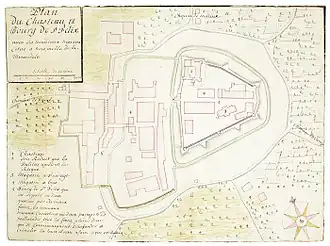 Karte der Burg und der Siedlung von San Felice sul Panaro während des Spanischen Erbfolgekrieges (1705)