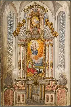 Aufriss eines barocken Hochaltars vor dem Hintergrund eines gotischen Polygonalchors