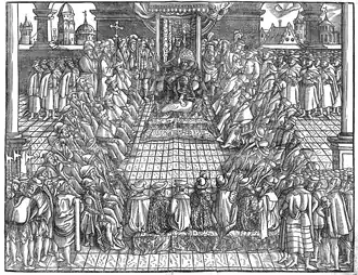 König Sigismund II. August im Sejm 1570, Grafik aus dem Werk von Joannes Herborth de Fulstin Statuta y Przywileie Koronne