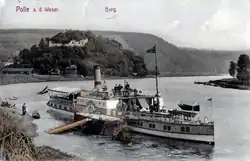 Postkartenansicht von Polle mit Weser und Burgberg von 1908