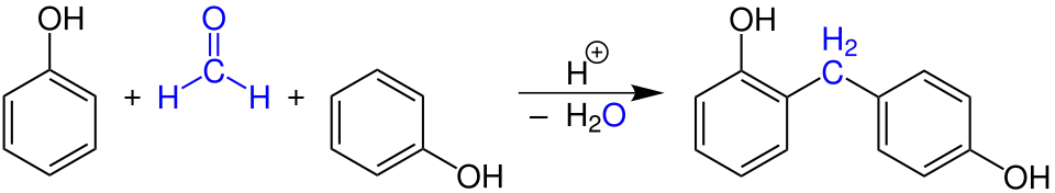 Erste Stufe der Polykondensationsreaktion von Formaldehyd mit Phenol zu Bakelit