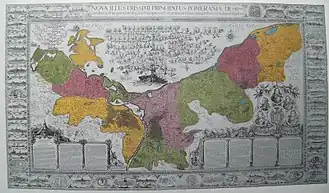 Lubinsche Karte von Pommern, 1618 – koloriert 1758 (rotes Gebiet links)