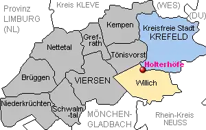 Lage der Holterhöfe in der kreisfreien Stadt Krefeld und in Willich, Kreis Viersen.
