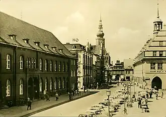 Echtfotopostkarte Greifswald Postamt und Rathaus, um 1960