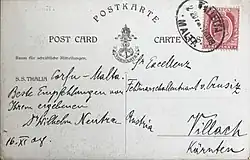 Postkarte mit Aufdruck zur 1. Ärztlichen Studienreise im Spätherbst 1908 (140&nbsp;×&nbsp;90&nbsp;mm), Rückseite: Nachricht des Psychiaters Dr. Wilhelm Neutra (Buder von Richard Neutra) an den Militär, FML Othmar von Crusiz[39]